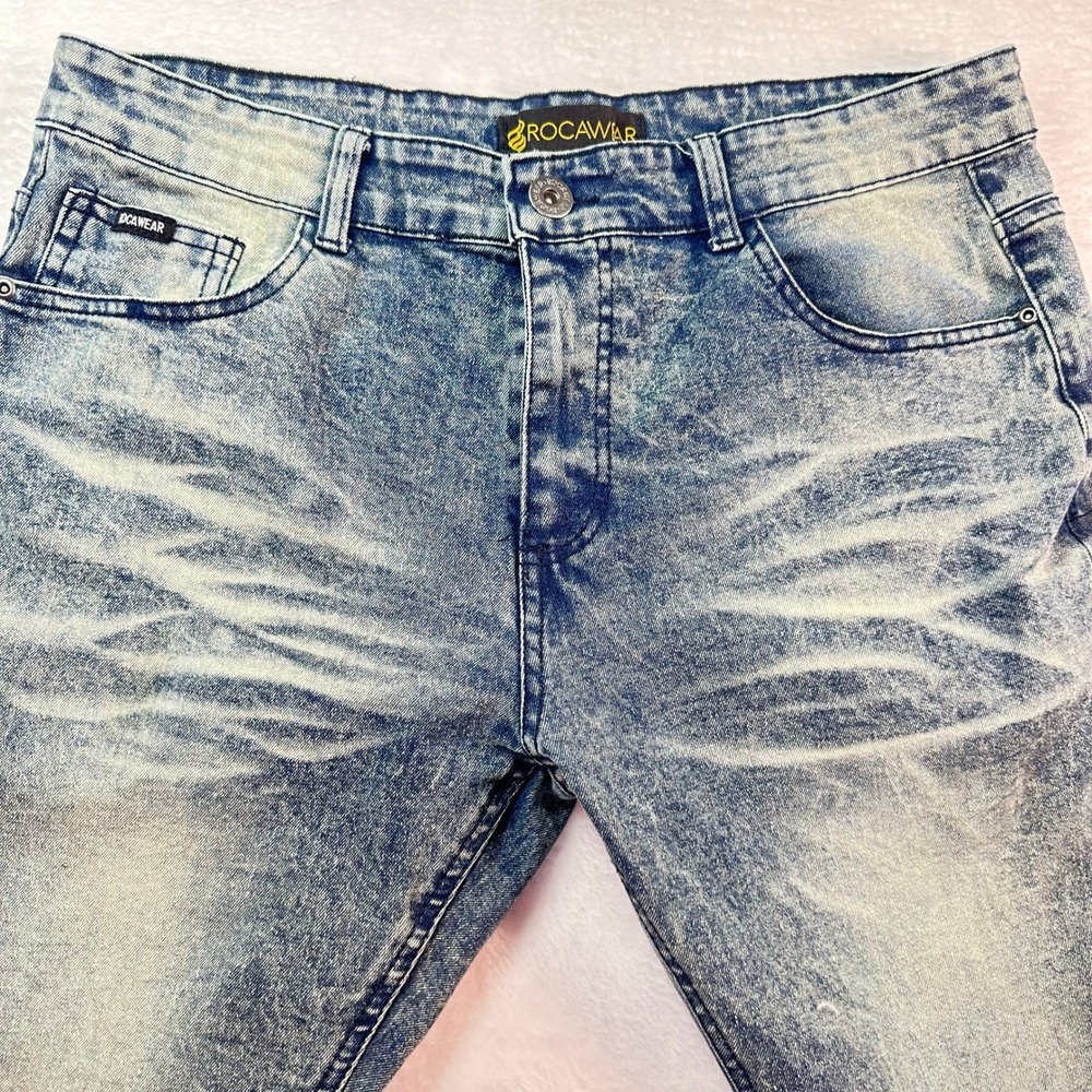Rocawear Skinny‎ Jeans Mens 34x32 Blue Acid Wash Stretch Denim Streetwear - Picture 3 of 16